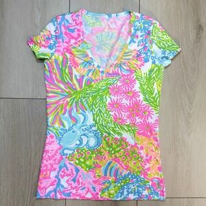 Lilly Pulitzer Womens XS Bright Floral V Neck T Shirt Short Sleeve Stretch Top